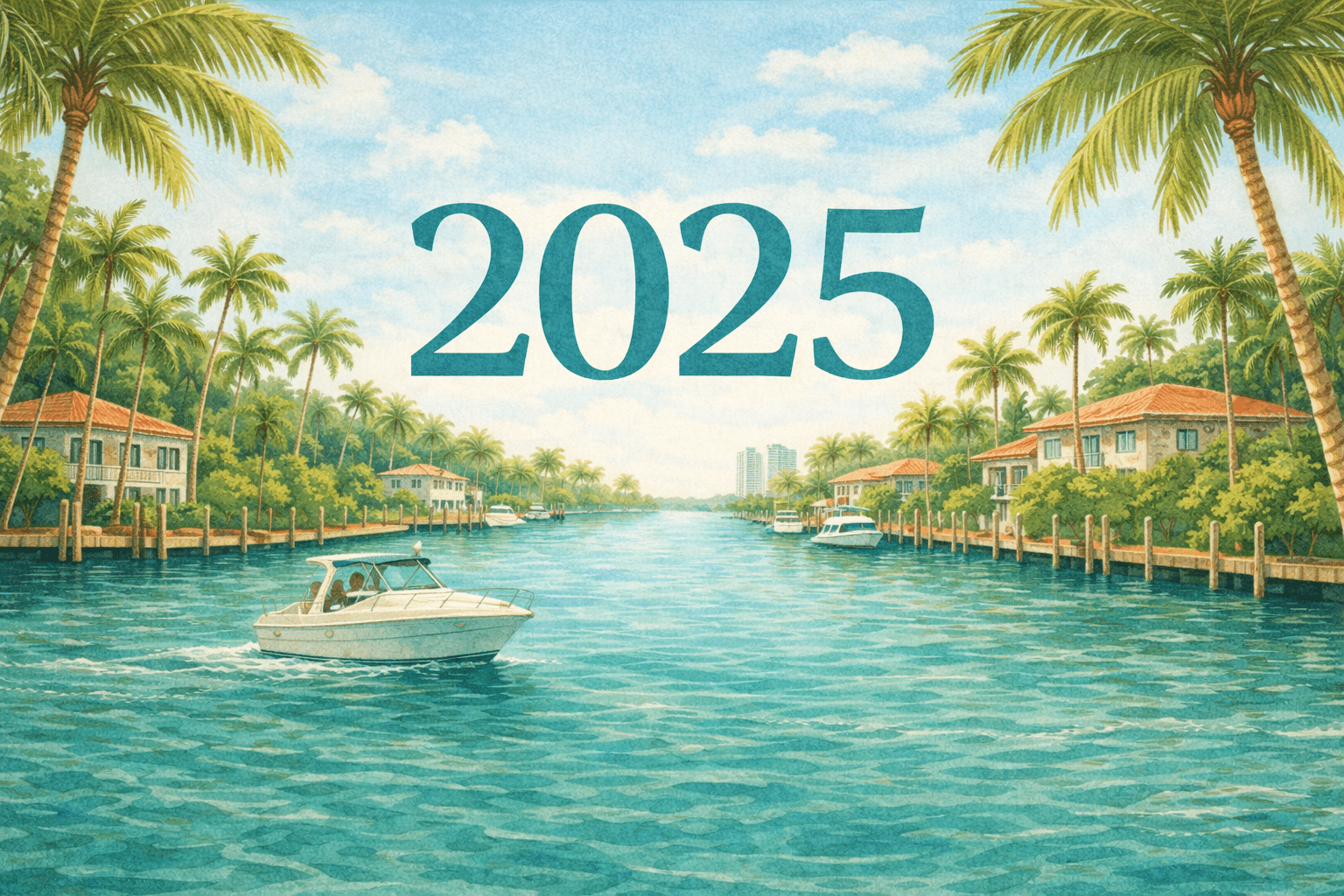 Illustration of a tropical waterway with palm trees, villas, and a motorboat. The number 2025 is prominently displayed in the center of the image against a clear blue sky.